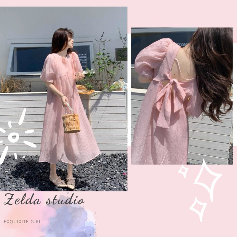 Váy dáng dài suông nơ lưng màu hồng pastel tiểu thư _ Zelda studio
