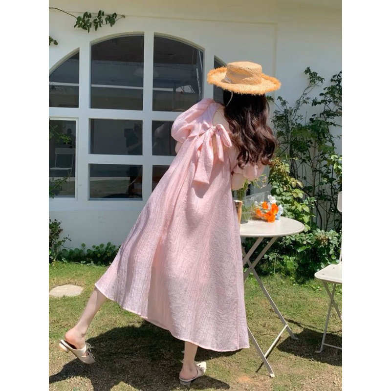 Váy dáng dài suông nơ lưng màu hồng pastel tiểu thư _ Zelda studio