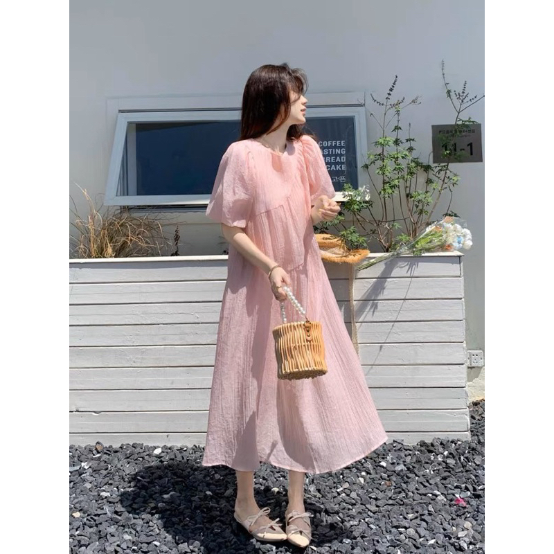 Váy dáng dài suông nơ lưng màu hồng pastel tiểu thư _ Zelda studio