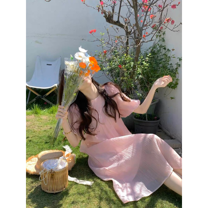 Váy dáng dài suông nơ lưng màu hồng pastel tiểu thư _ Zelda studio