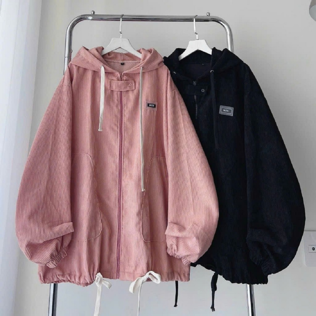 Áo Khoác Sơ Mi Nhung Gân kaki Cánh Dơi Kiểu Nữ Chữ WZS , Dây Rút , Tay Phồng Có Nón Kiểu Rộng Unisex - Nam Nữ