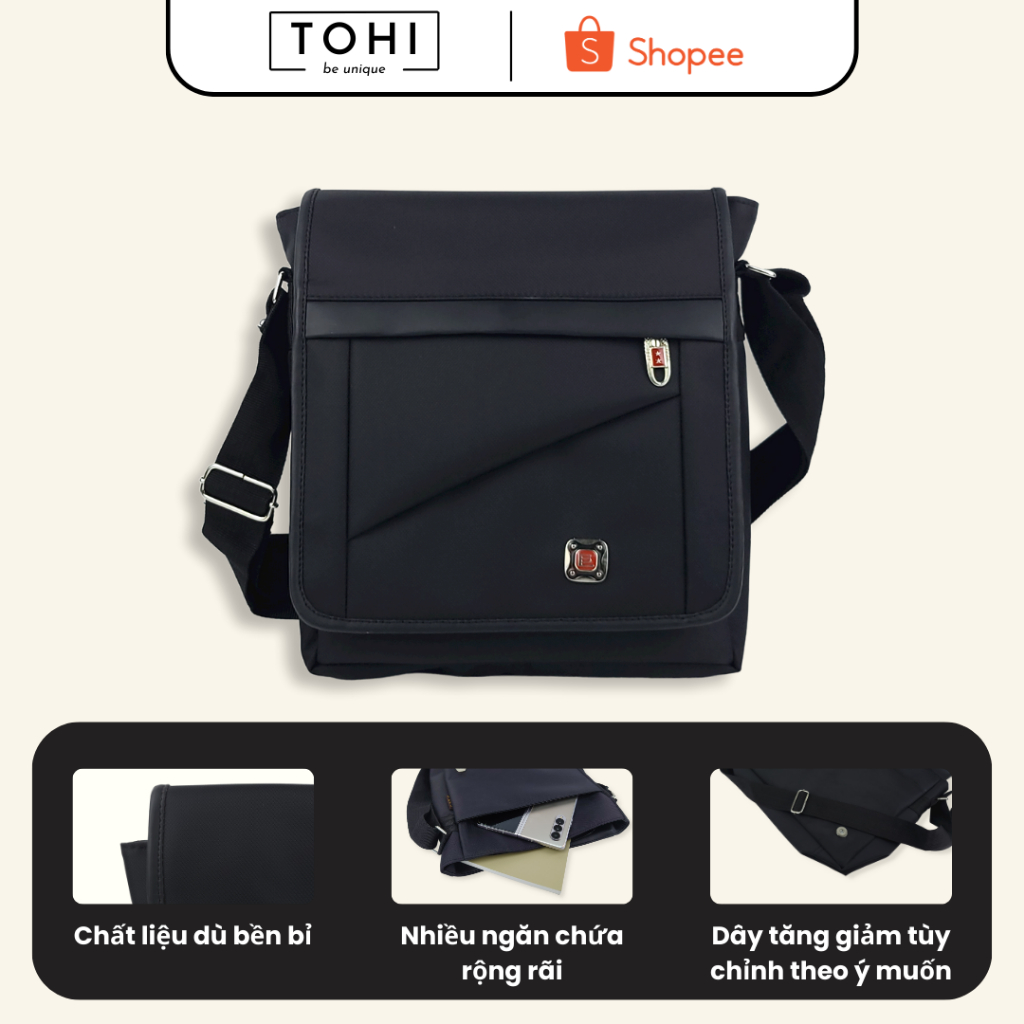 Túi chéo TOHI® Túi đeo chéo nam vải dù canvas - Kiểu hộp vuông kích thước R9cmxD30cmxC32cm