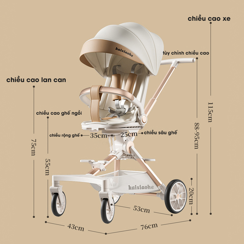 Xe Đẩy Cao Cấp  Khung Xe Hợp Kim Nhôm, Xe Đẩy Xoay 2 Chiều 3 Tư Thế Ngả, Gấp Gọn, Nhẹ, Có Thể Mang Lên Máy Bay