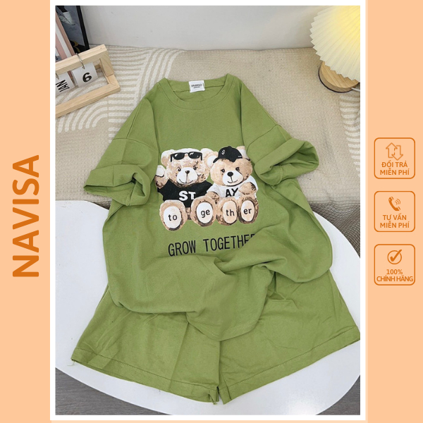 Bộ quần đùi áo thun unisex nữ tay lỡ form rộng chất cotton su in chữ GẤU STAY  NAVISA B45