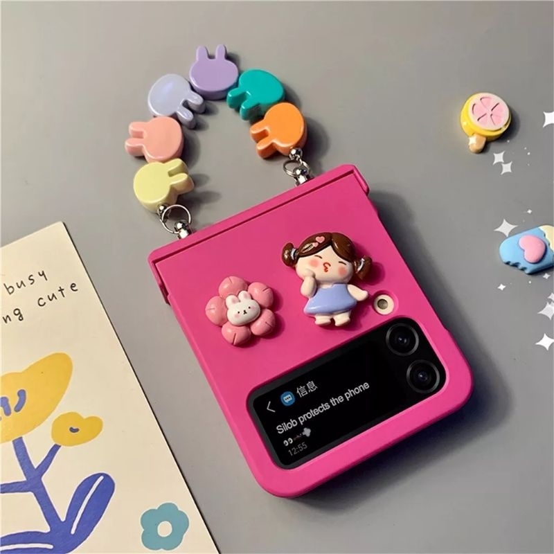 Ốp Z Flip5 - Z Flip4 - Z FLip3 - Flip5 5G hotpink charm bé hoa dễ thương kèm dây thỏ và thanh bảo vệ bản lề