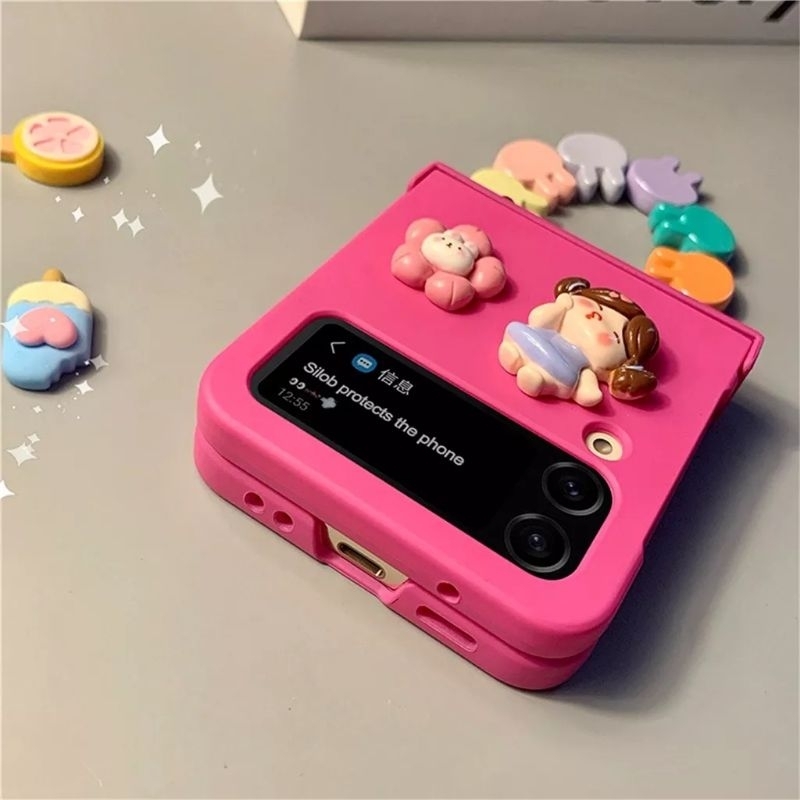 Ốp Z Flip5 - Z Flip4 - Z FLip3 - Flip5 5G hotpink charm bé hoa dễ thương kèm dây thỏ và thanh bảo vệ bản lề