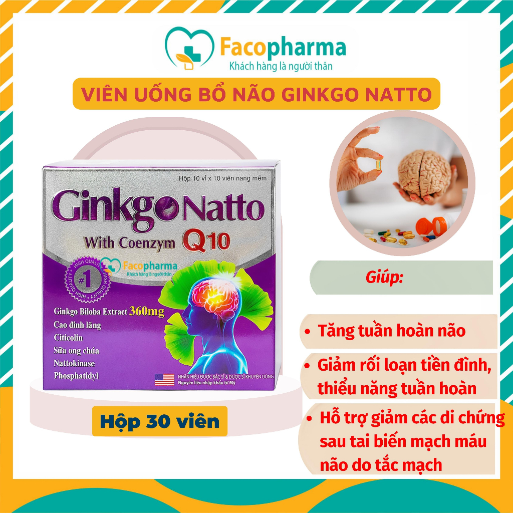Bổ não Ginkgo Natto Q10 lưu thông máu giảm đau đầu mất ngủ, giúp tăng cường trí nhớ hộp 100 viên TPN1.3
