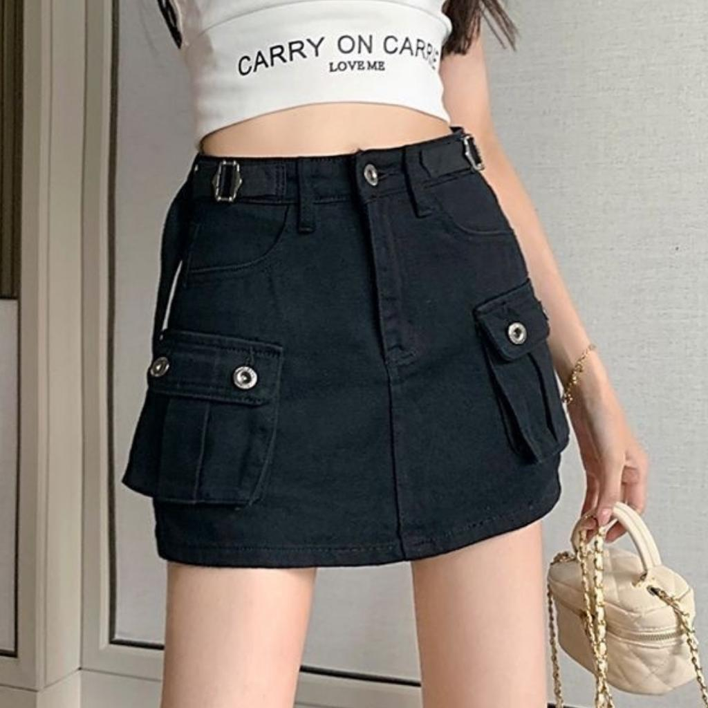 Chân váy Denim dáng ngắn kèm nịt vải - chân váy chữ A thiết kế lưng cao phối túi hộp xiêu xinh phong cách Nquin Store