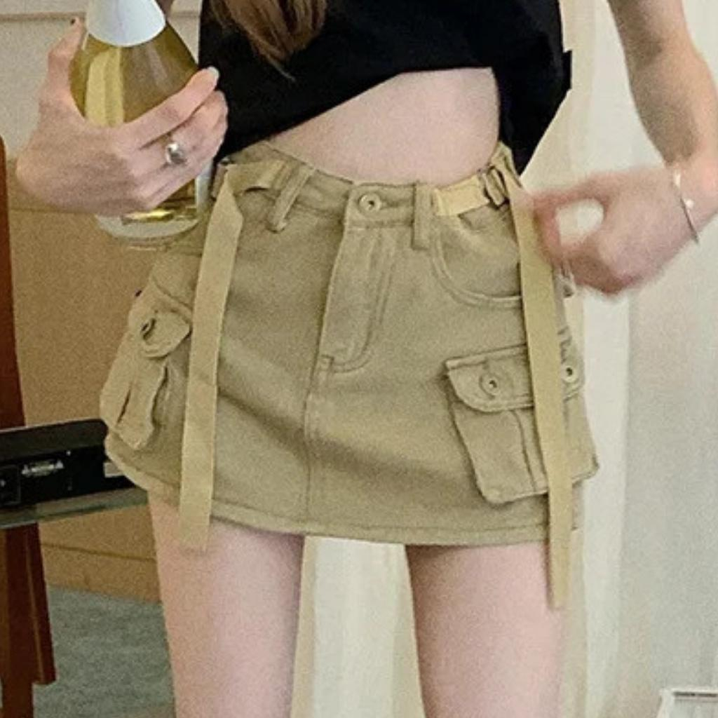 Chân váy Denim dáng ngắn kèm nịt vải - chân váy chữ A thiết kế lưng cao phối túi hộp xiêu xinh phong cách Nquin Store