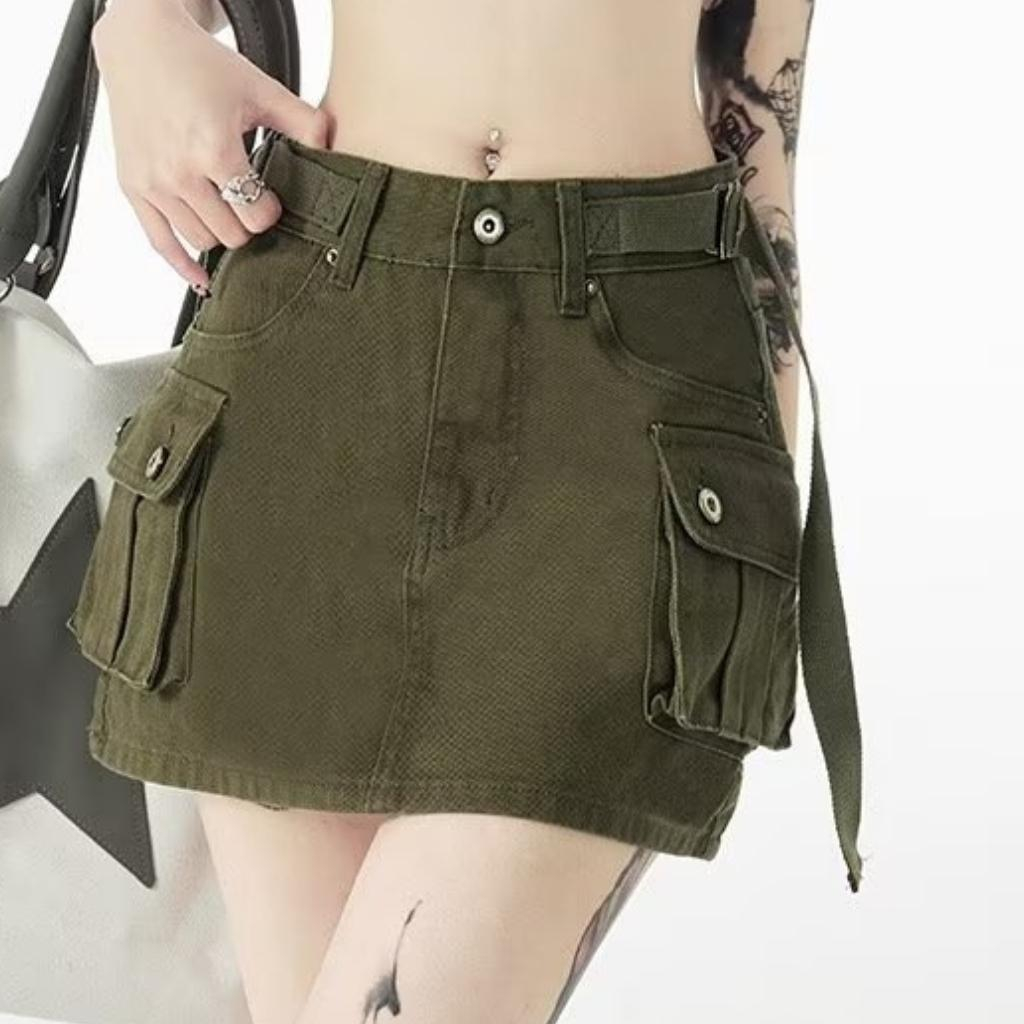 Chân váy Denim dáng ngắn kèm nịt vải - chân váy chữ A thiết kế lưng cao phối túi hộp xiêu xinh phong cách Nquin Store