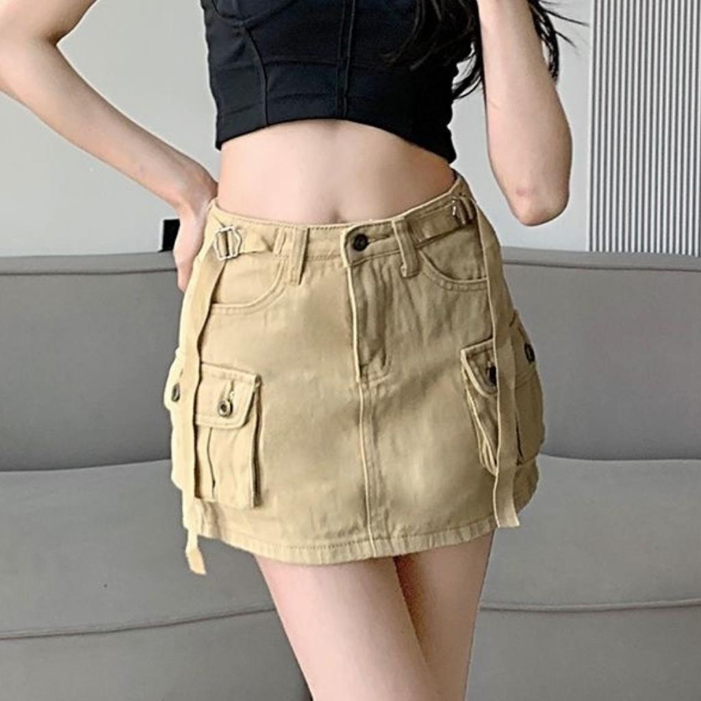 Chân váy Denim dáng ngắn kèm nịt vải - chân váy chữ A thiết kế lưng cao phối túi hộp xiêu xinh phong cách Nquin Store