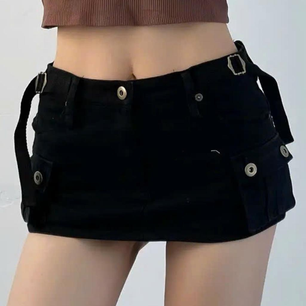 Chân váy Denim dáng ngắn kèm nịt vải - chân váy chữ A thiết kế lưng cao phối túi hộp xiêu xinh phong cách Nquin Store