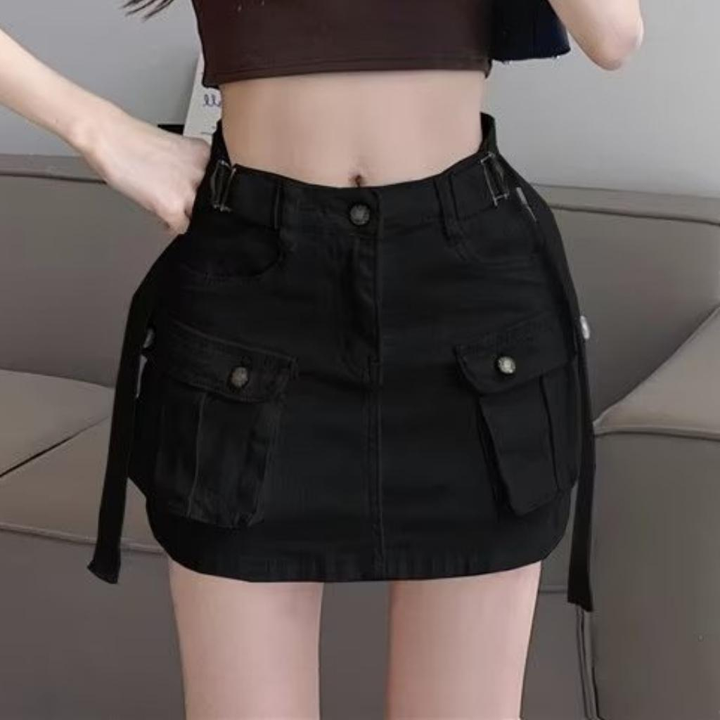 Chân váy Denim dáng ngắn kèm nịt vải - chân váy chữ A thiết kế lưng cao phối túi hộp xiêu xinh phong cách Nquin Store