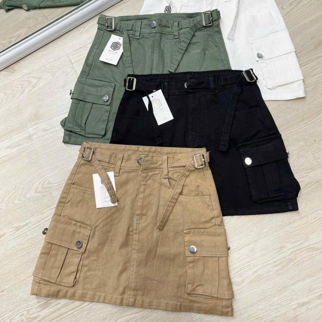 Chân váy Denim dáng ngắn kèm nịt vải - chân váy chữ A thiết kế lưng cao phối túi hộp xiêu xinh phong cách Nquin Store