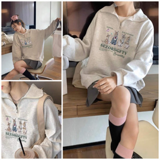 Áo nỉ xám 4 chú thỏ Sezordgfty unisex - Hoodie cổ zip dài tay phồng kiểu dáng oversize GENZ