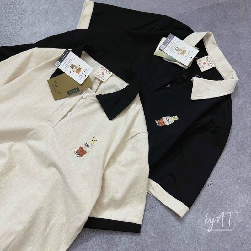 Đầm polo dáng dài thêu gấu tay ngắn chất cotton form rộng thời trang hai màu basic
