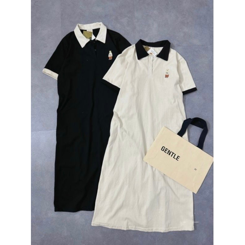 Đầm polo dáng dài thêu gấu tay ngắn chất cotton form rộng thời trang hai màu basic