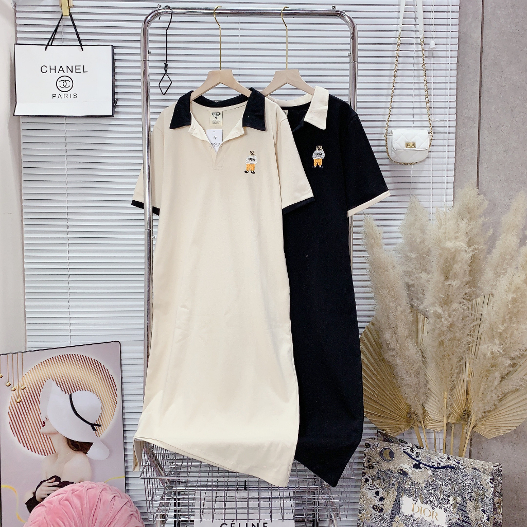Đầm polo dáng dài thêu gấu tay ngắn chất cotton form rộng thời trang hai màu basic