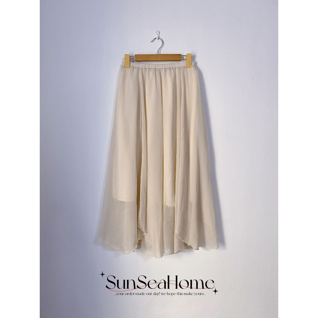 Chân váy voan dáng dài màu be vạt tua rua vintage secondhand