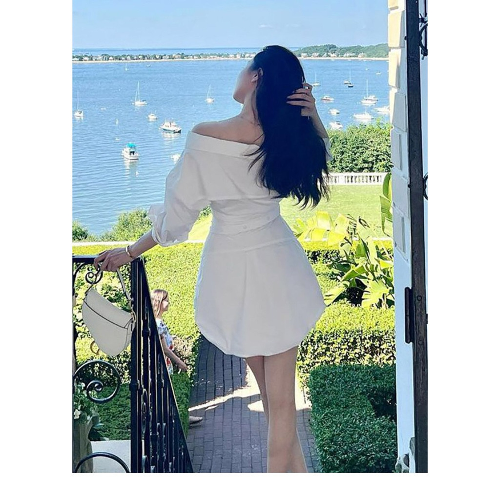 Đầm Sơmi Nữ Dáng Thắt Eo Cổ v Trễ Vai Tôn Dáng