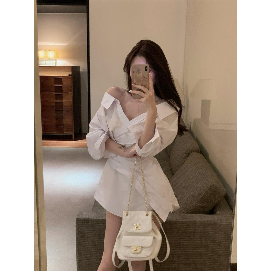 Đầm Sơmi Nữ Dáng Thắt Eo Cổ v Trễ Vai Tôn Dáng