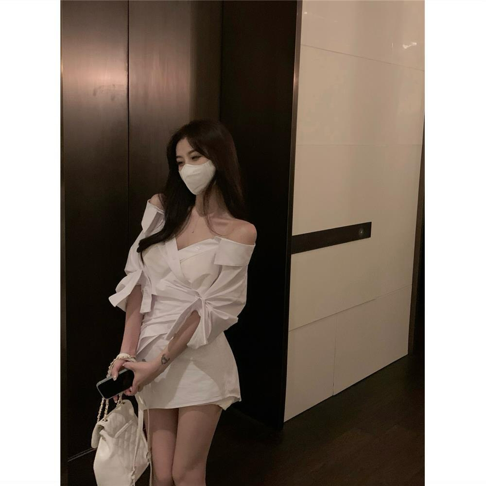 Đầm Sơmi Nữ Dáng Thắt Eo Cổ v Trễ Vai Tôn Dáng