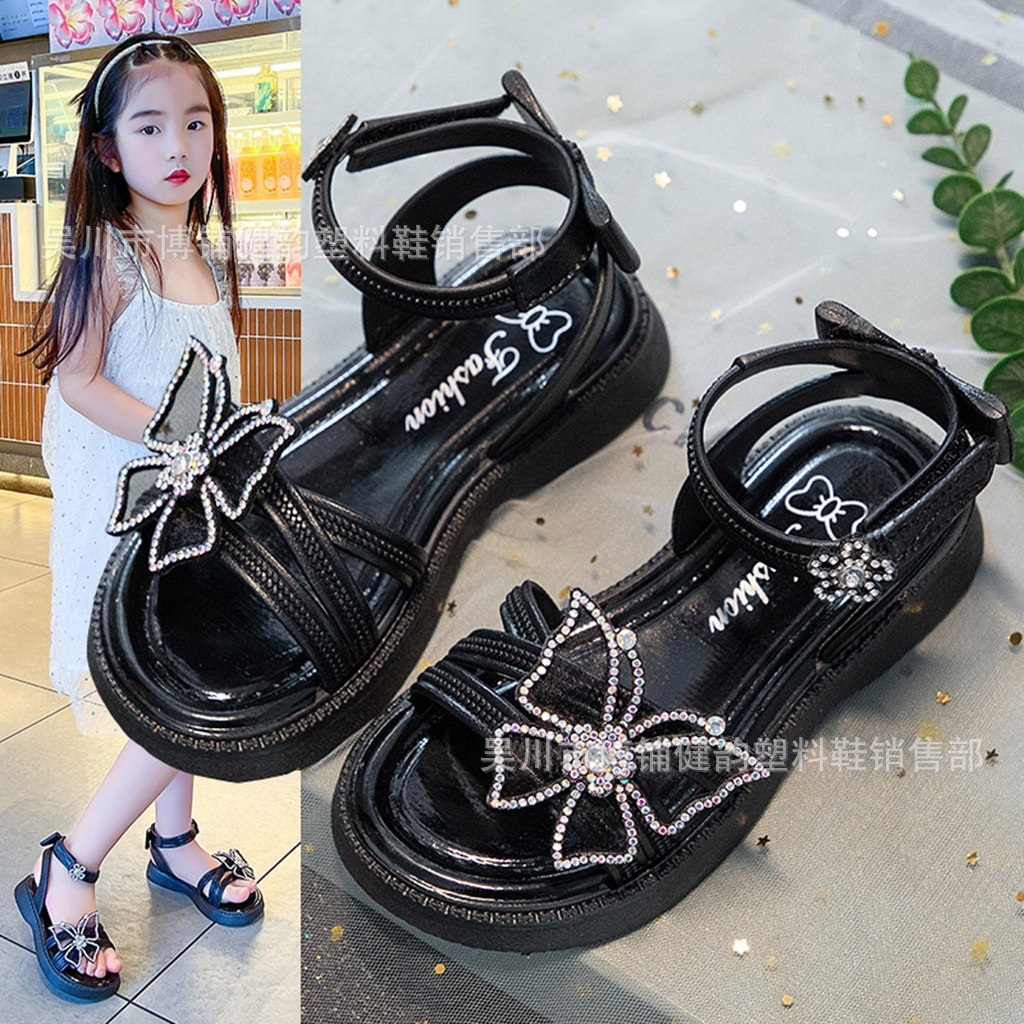 Dép Sandal Siêu Xinh Cho Bé Gái 4-14 Tuổi Dây Chéo Đính Đá Lấp Lánh Phong Cách Thời Trang