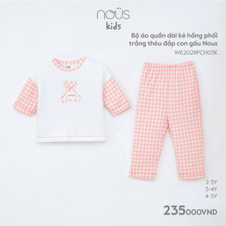 NOUS - Bộ áo quần dài kẻ hồng phối trắng thêu đắp con gấu Nous - Kid - 2Y 3Y 4Y