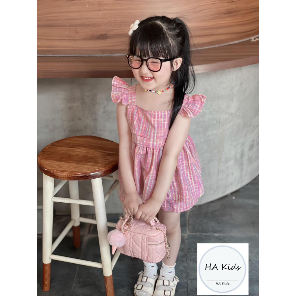 (8-28kg) Bộ bé gái, Bộ đũi 2 dây tay cánh tiên dáng babydoll caro hồng xinh xắn cho bé gái 2D009