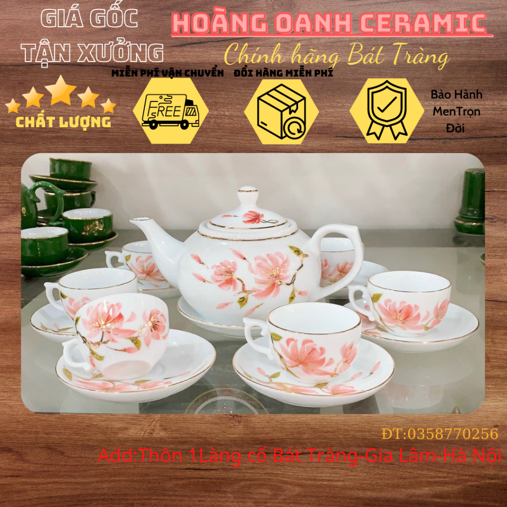 (CHỌN MẪU)Ấm chén pha trà Bát Tràng-men Trắng dáng Dẹt- vẽ vàng:Lão Vọng Câu Cá,Hoa Sen các loại