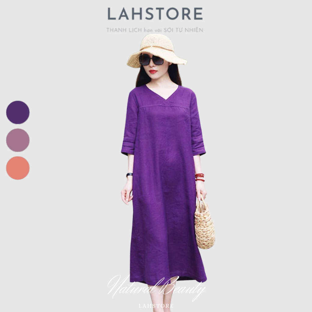 Đầm suông linen LAHSTORE thiết kế tay lỡ cổ tim phối đai eo rời trang nhã sang trọng (Tím Đậm)