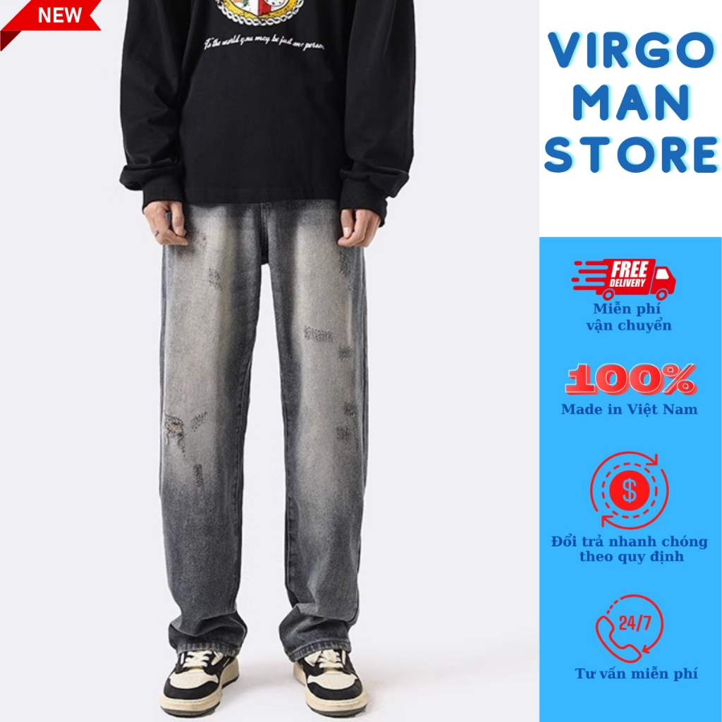 Quần jean nam cào xước ỐNG RỘNG cá tính phong cách đường phố - Quần bò baggy nam retro vintage loang màu hot trend