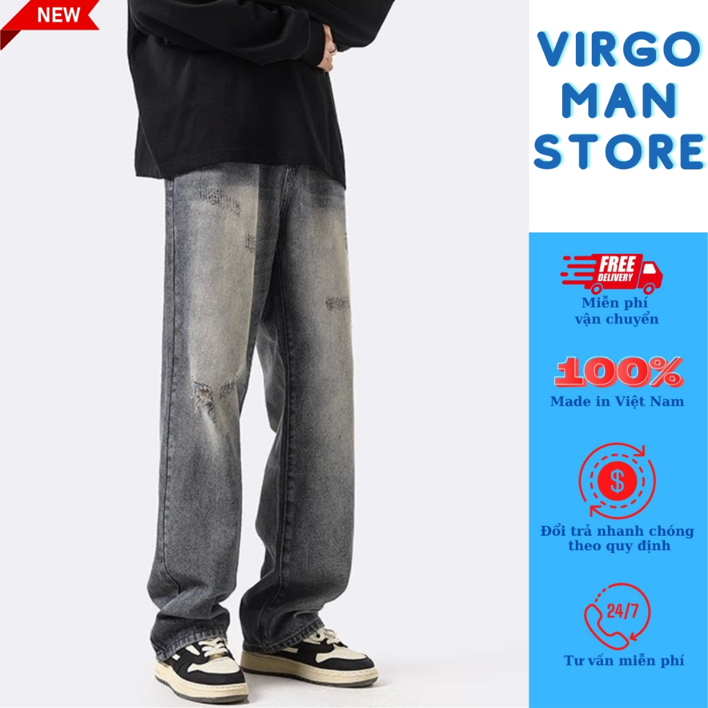 Quần jean nam cào xước ỐNG RỘNG cá tính phong cách đường phố - Quần bò baggy nam retro vintage loang màu hot trend