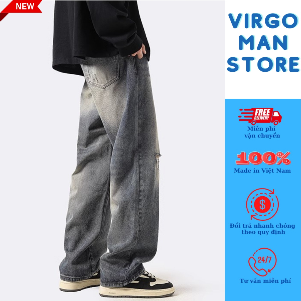 Quần jean nam cào xước ỐNG RỘNG cá tính phong cách đường phố - Quần bò baggy nam retro vintage loang màu hot trend