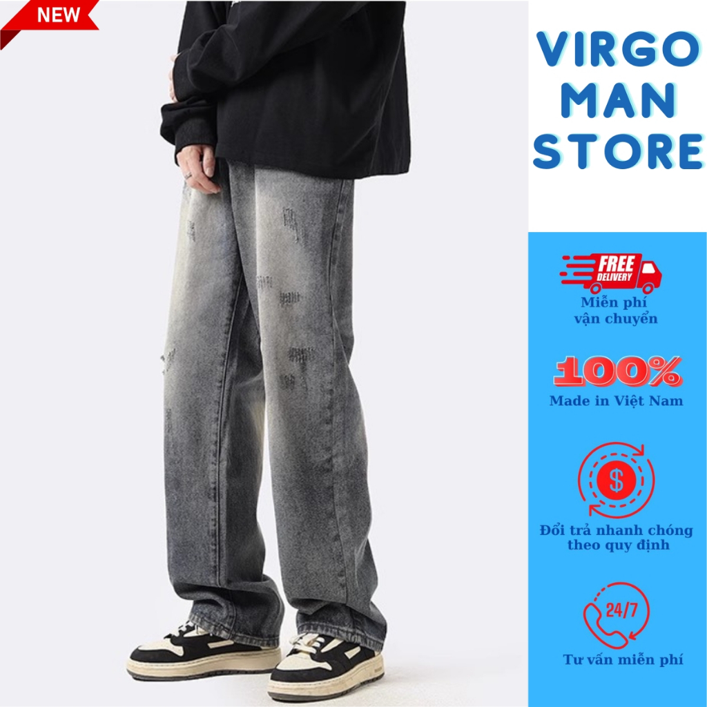 Quần jean nam cào xước ỐNG RỘNG cá tính phong cách đường phố - Quần bò baggy nam retro vintage loang màu hot trend