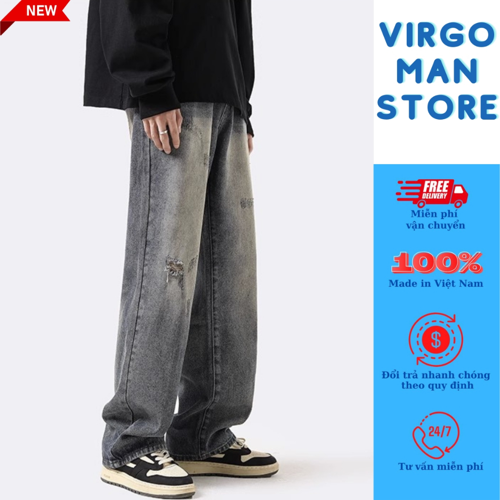 Quần jean nam cào xước ỐNG RỘNG cá tính phong cách đường phố - Quần bò baggy nam retro vintage loang màu hot trend