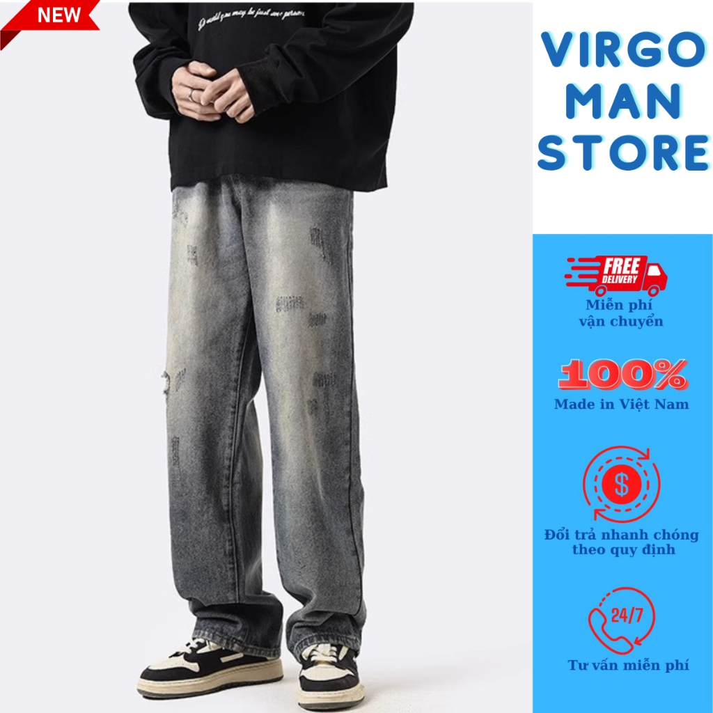 Quần jean nam cào xước ỐNG RỘNG cá tính phong cách đường phố - Quần bò baggy nam retro vintage loang màu hot trend