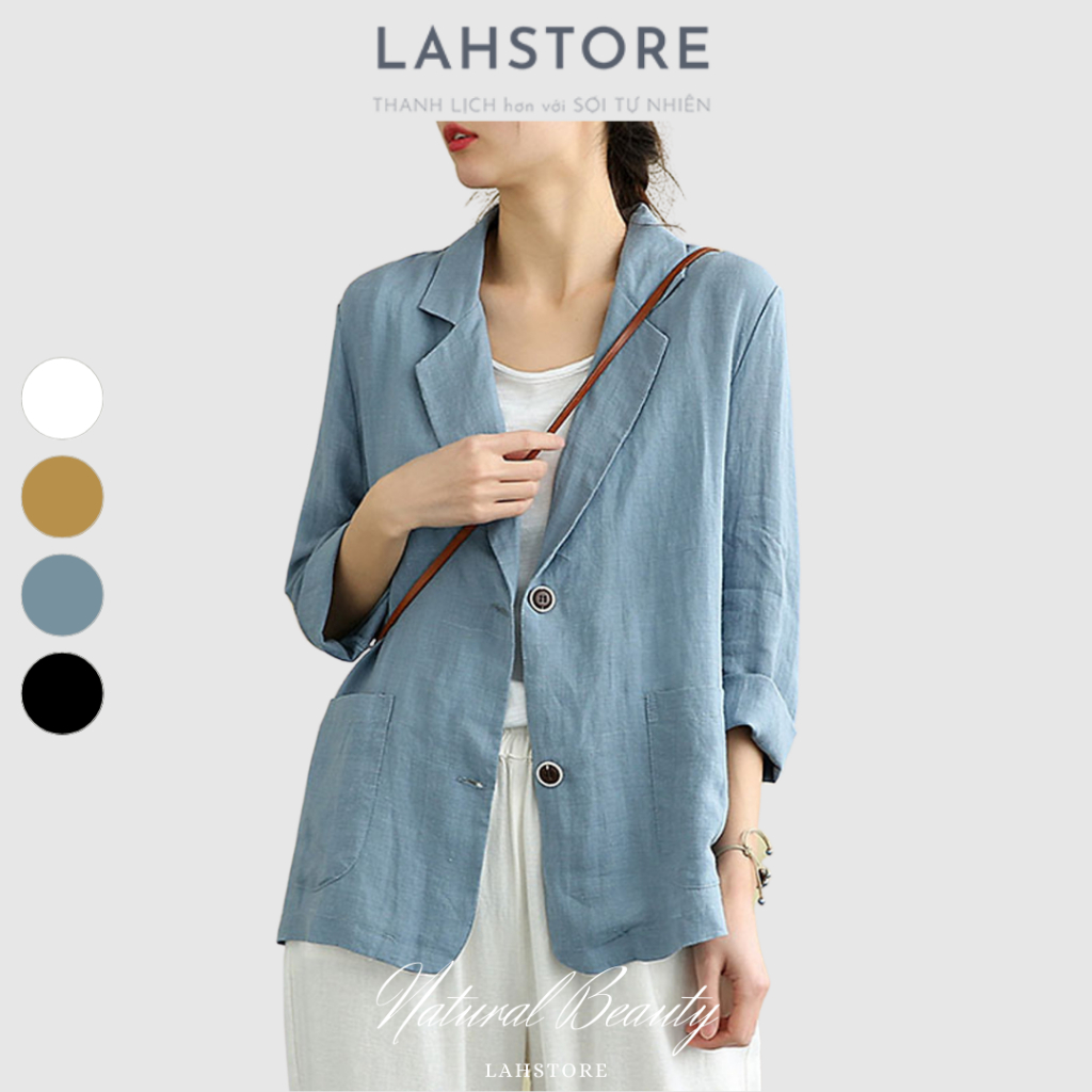 Áo blazer nữ LAHSTORE vải linen 1 lớp, dáng lửng cổ ve vuông, phong cách công sở (Xanh Dương)