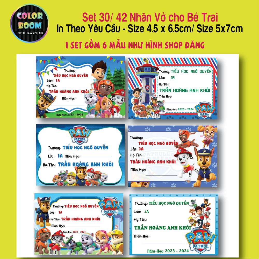 Nhãn Vở In Theo Yêu Cầu - Set 30/42 Nhãn Bé Trai