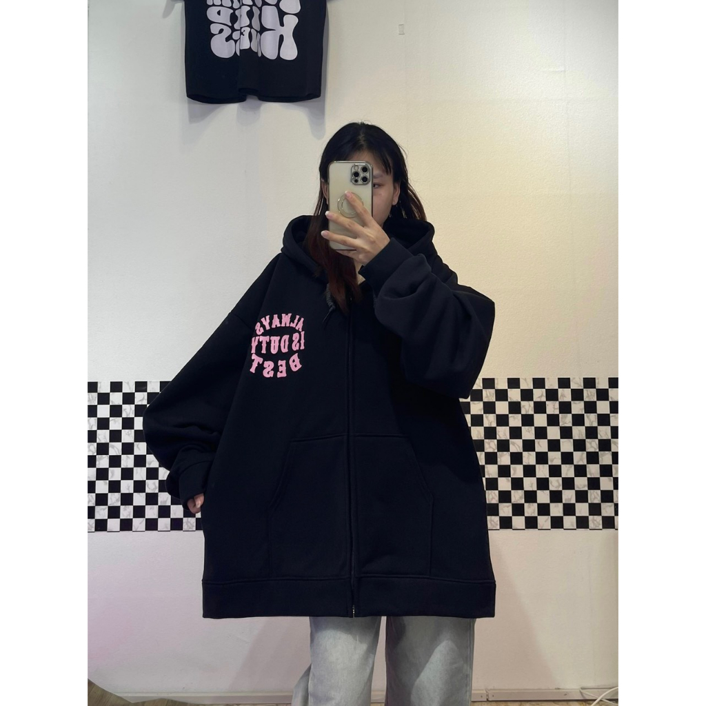 Áo khoác nỉ,áo hoodie có khoá mũ hai lớp dày dặn chất nỉ lót bông in chữ cá tính màu hồng siêu ấm phong cách Ulzzang