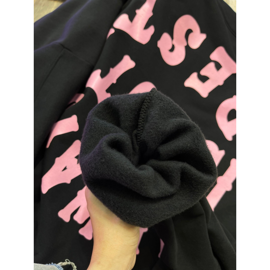 Áo khoác nỉ,áo hoodie có khoá mũ hai lớp dày dặn chất nỉ lót bông in chữ cá tính màu hồng siêu ấm phong cách Ulzzang