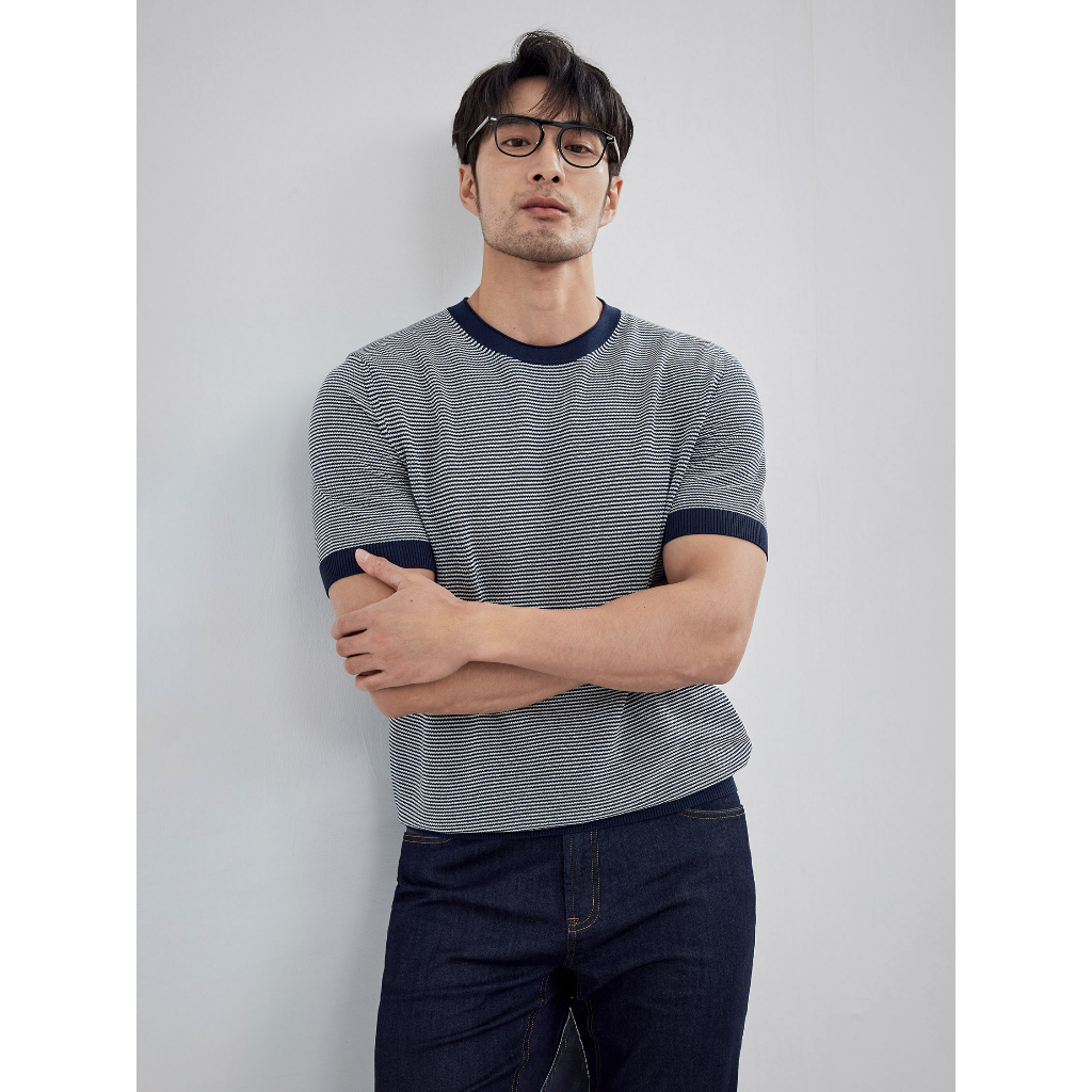 Áo thun len Mongtoghi dệt kim nam kẻ ngang DATAMAN - LCT2315