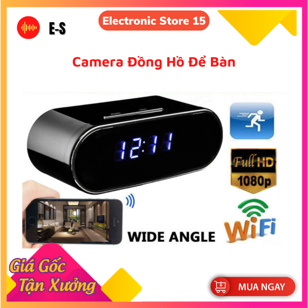 Camera Wifi Đồng Hồ Để Bàn, Chất Lượng Sắc Nét, 9 Mắt Hồng Ngoại Đen, Góc Rộng 120 Độ, BH 12Thang.