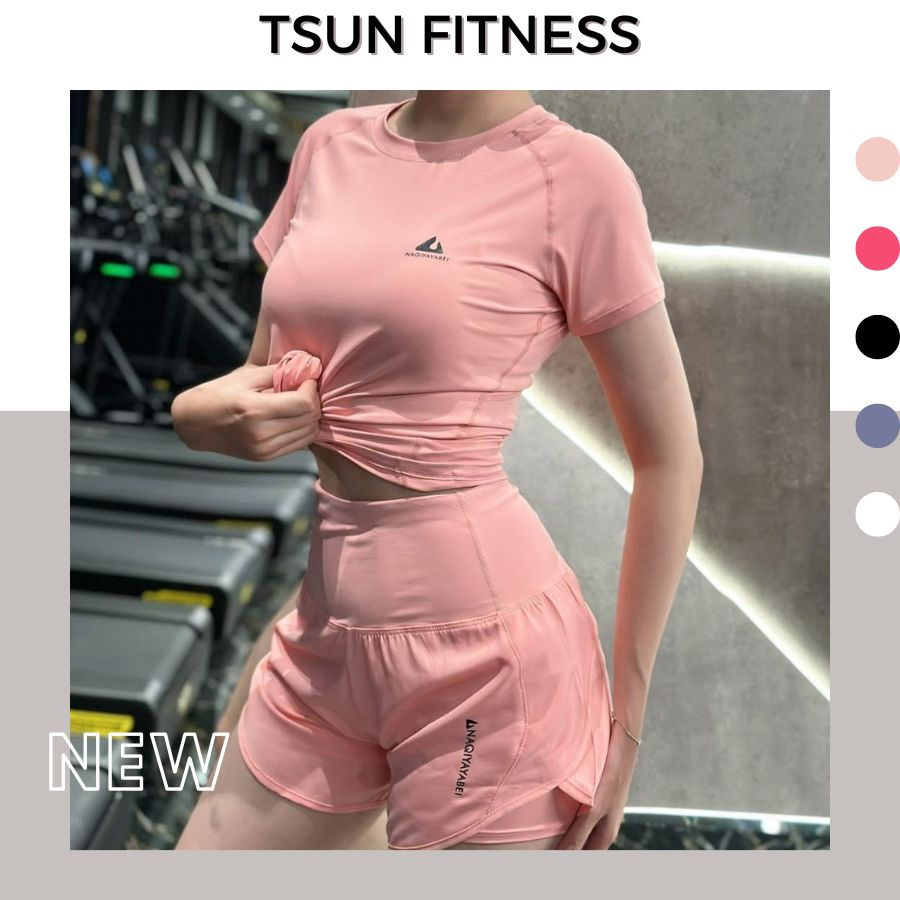 Đồ tập gym nữ chất thun lạnh Naqi, bộ đồ thể thao nữ áo cộc tay quần đùi 2 lớp hàng quảng châu Tsun Fitness