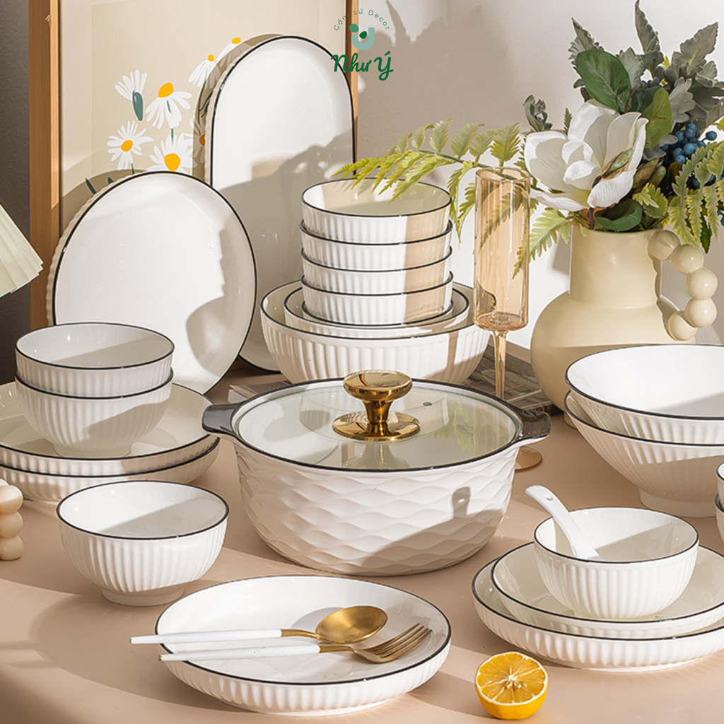 Bát đĩa sứ trắng viền đen Bắc Âu đơn giản - Chén đĩa sứ tráng men mịn vân dọc Decor bàn ăn