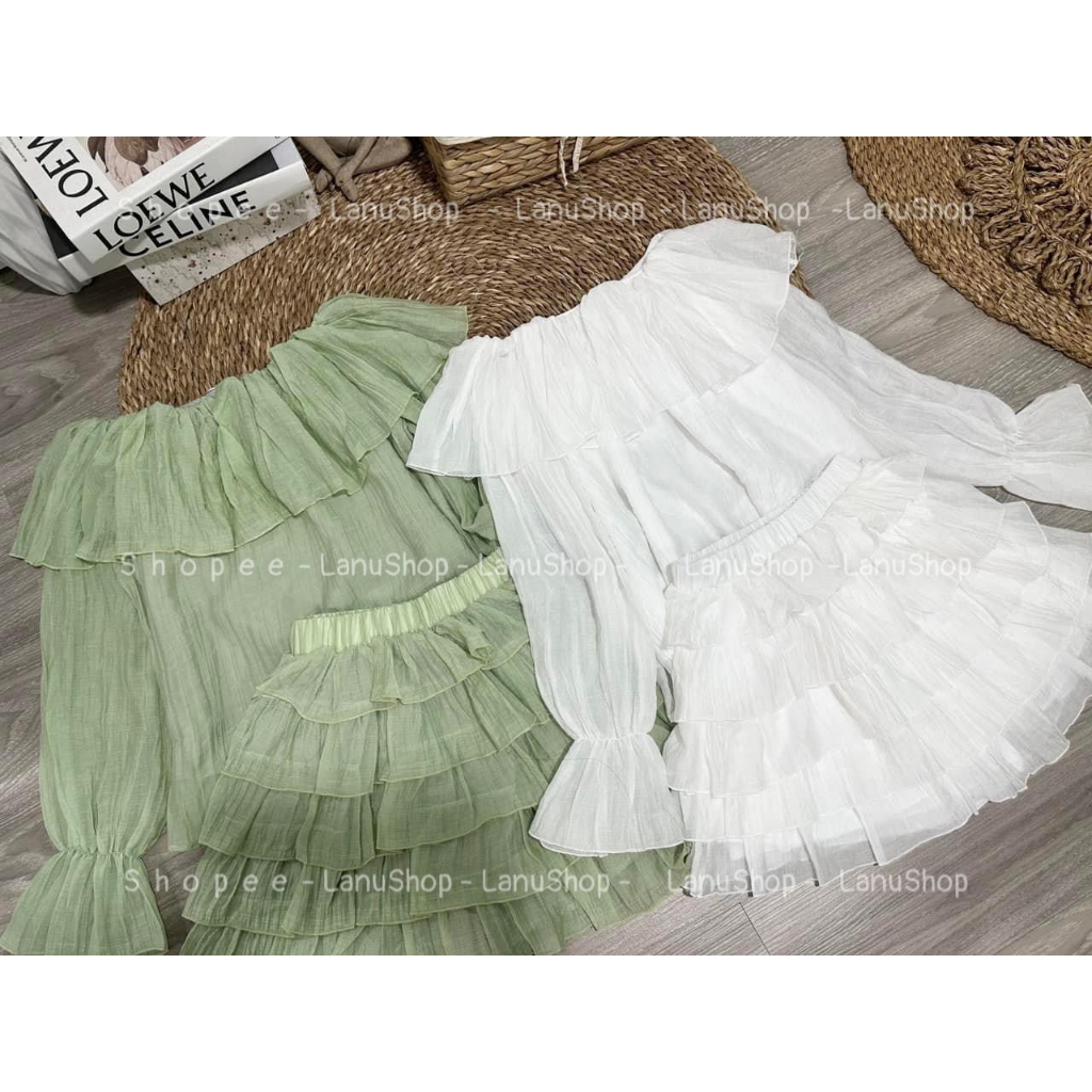 Sét áo trễ vai tơ kèm chân váy tầng 2 lớp , Áo trễ vai tơ nhăn kèm quần váy nhiều tầng LanuShop