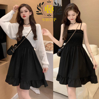 Set váy nữ - Váy 2 dây kèm áo cardigan croptop Chất vải lụa thích hợp cho các bạn đi học hay đi chơi đều dễ phối đồ