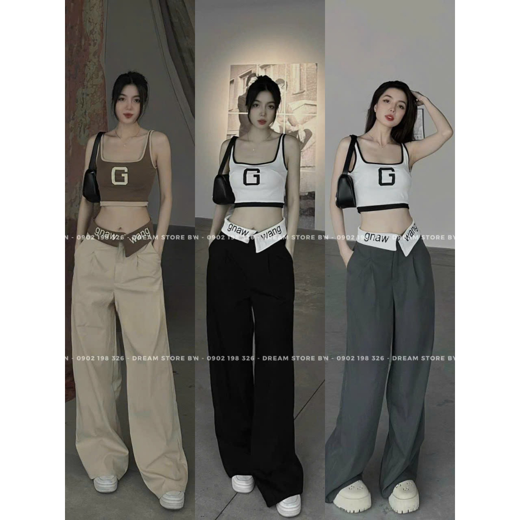 Sét bộ thời trang cá tính nữ mặc đi chơi dạo phố áo chất thun gân in G ba lỗ mix quần ống rộng vạc bèo tai cotton