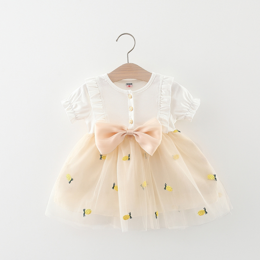 Váy bé gái thun cotton phối lưới thêu vintage Váy bé gái màu đỏ đô phong cách Hàn D862