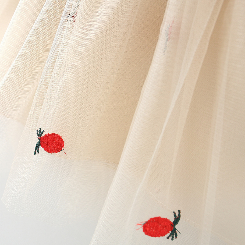 Váy bé gái thun cotton phối lưới thêu vintage Váy bé gái màu đỏ đô phong cách Hàn D862